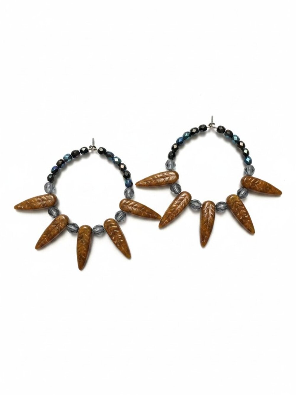 Boho Czech Glass Hoop Earrings Rustic Bronze Dagger Beads Blue Artisan
